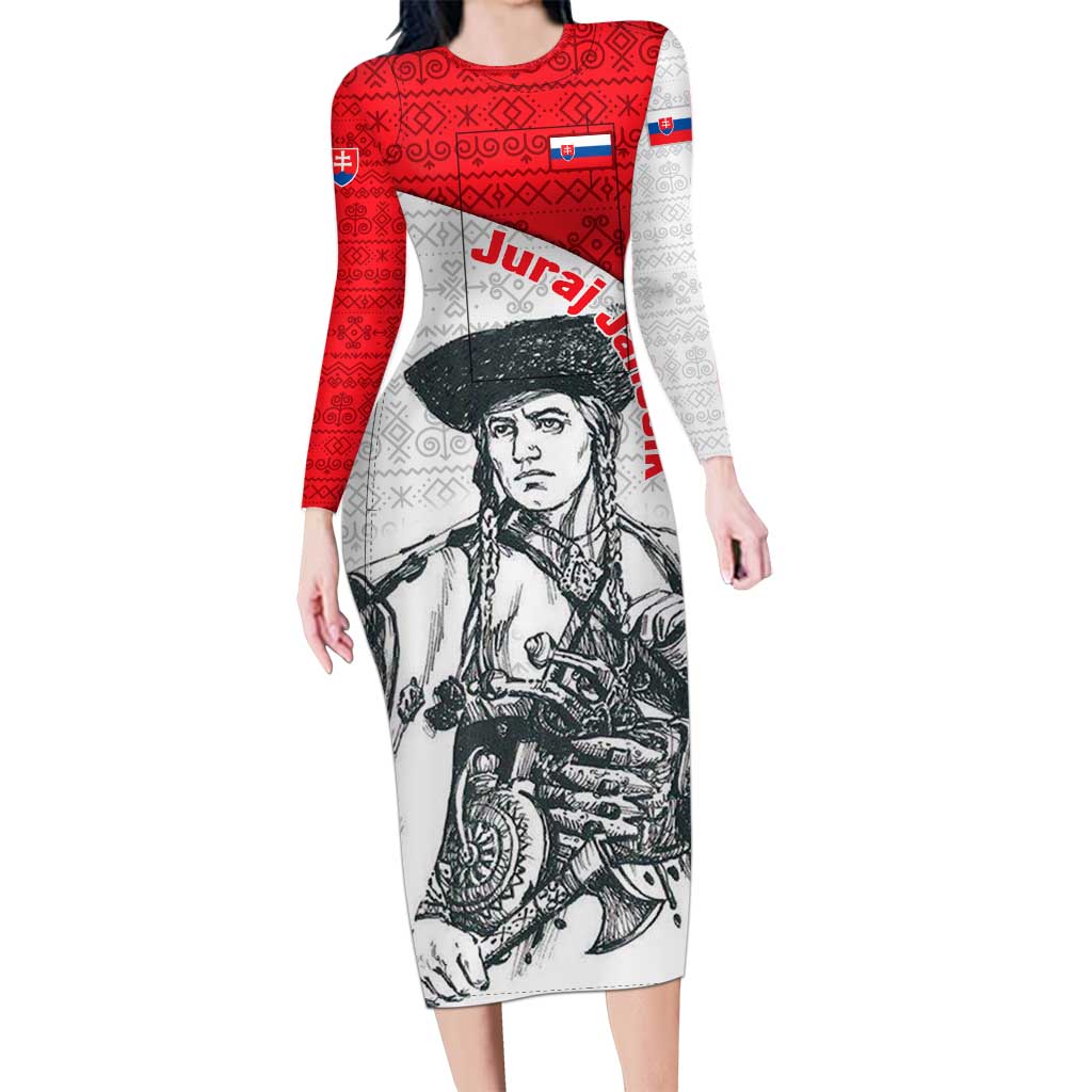 Juraj Janosik Slovakia Long Sleeve Bodycon Dress with Folk Pattern Red White Legend Spirit