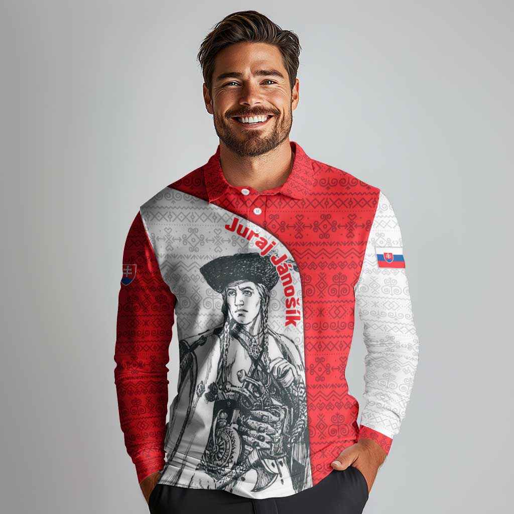 Juraj Janosik Slovakia Long Sleeve Polo Shirt with Folk Pattern Red White Legend Spirit