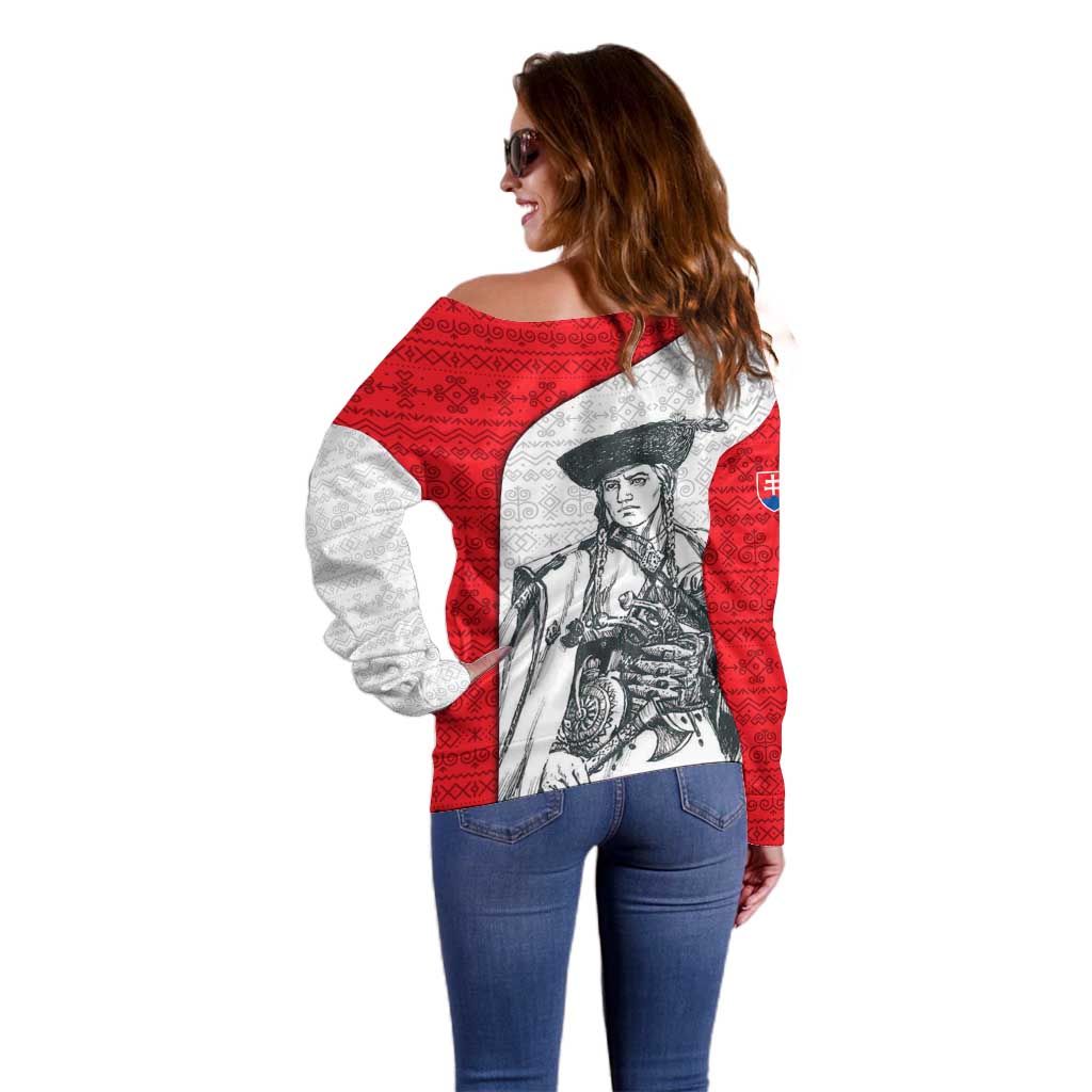 Juraj Janosik Slovakia Off Shoulder Sweater with Folk Pattern Red White Legend Spirit