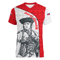 Juraj Janosik Slovakia Women V-Neck T-Shirt with Folk Pattern Red White Legend Spirit