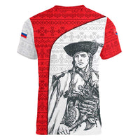 Juraj Janosik Slovakia Women V-Neck T-Shirt with Folk Pattern Red White Legend Spirit