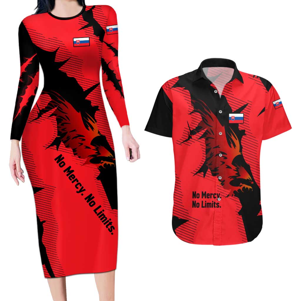 Slovakia Couples Matching Long Sleeve Bodycon Dress and Hawaiian Shirt with Red Black Falcon Claw No Mercy Spirit
