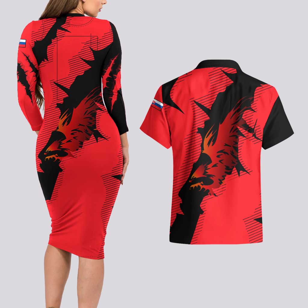 Slovakia Couples Matching Long Sleeve Bodycon Dress and Hawaiian Shirt with Red Black Falcon Claw No Mercy Spirit