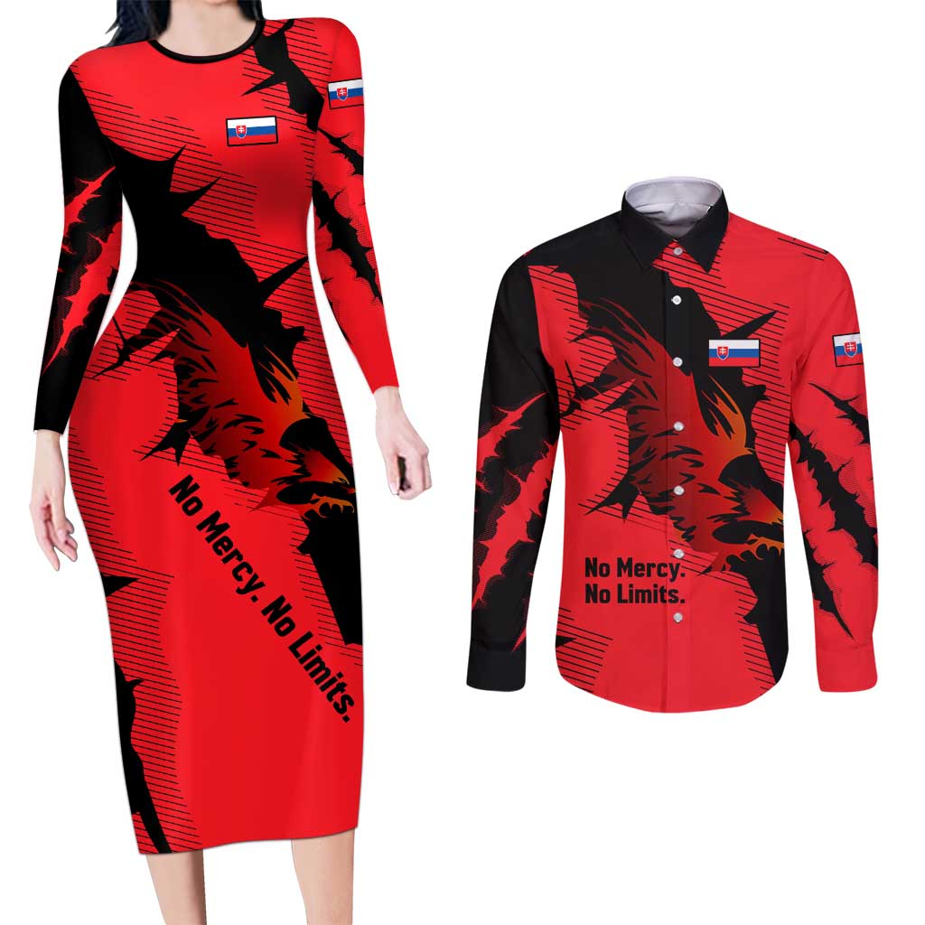 Slovakia Couples Matching Long Sleeve Bodycon Dress and Long Sleeve Button Shirt with Red Black Falcon Claw No Mercy Spirit