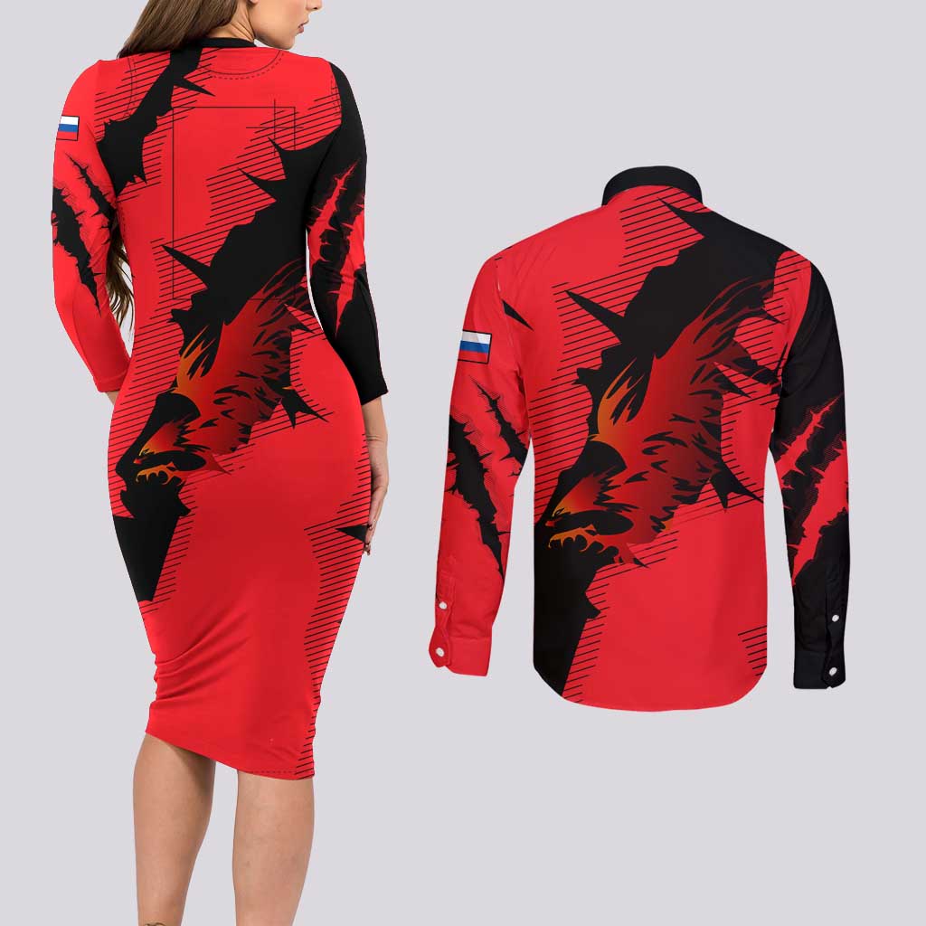Slovakia Couples Matching Long Sleeve Bodycon Dress and Long Sleeve Button Shirt with Red Black Falcon Claw No Mercy Spirit