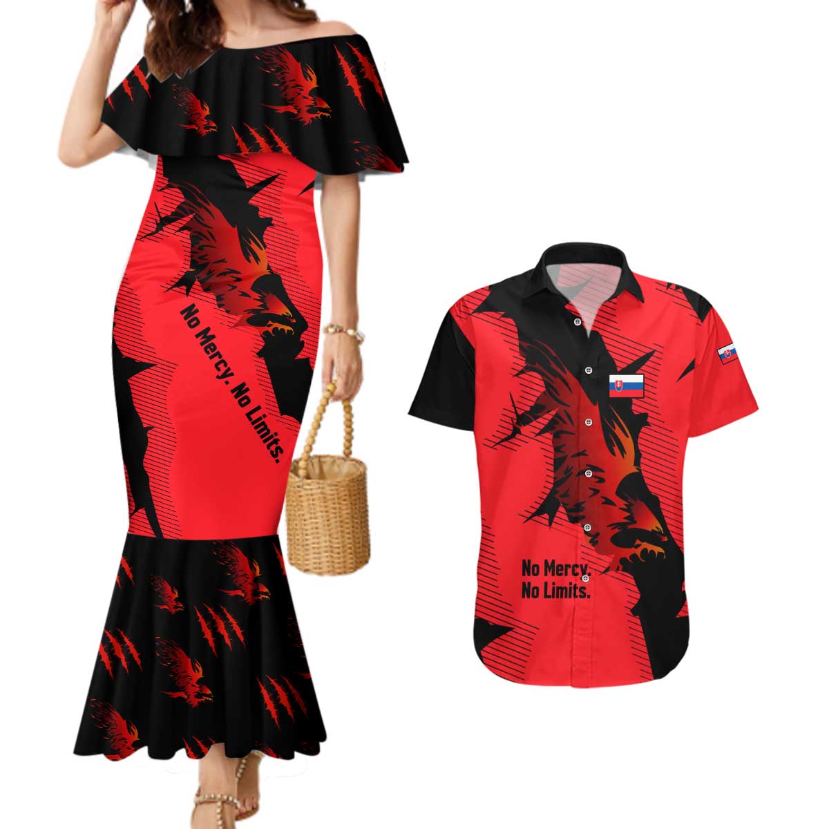 Slovakia Couples Matching Mermaid Dress and Hawaiian Shirt with Red Black Falcon Claw No Mercy Spirit