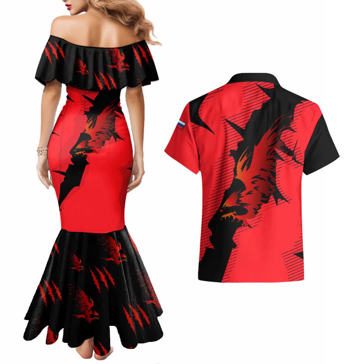 Slovakia Couples Matching Mermaid Dress and Hawaiian Shirt with Red Black Falcon Claw No Mercy Spirit