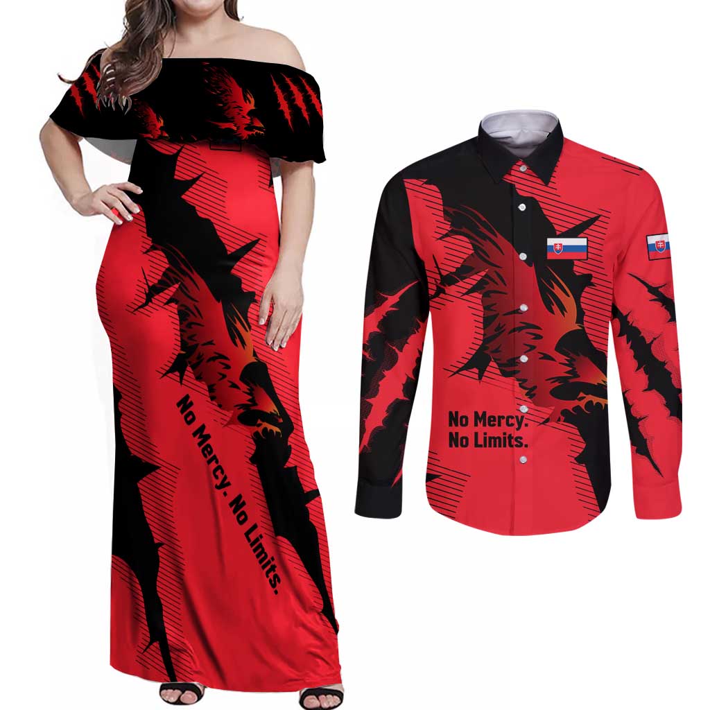 Slovakia Couples Matching Off Shoulder Maxi Dress and Long Sleeve Button Shirt with Red Black Falcon Claw No Mercy Spirit