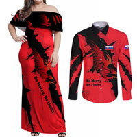 Slovakia Couples Matching Off Shoulder Maxi Dress and Long Sleeve Button Shirt with Red Black Falcon Claw No Mercy Spirit
