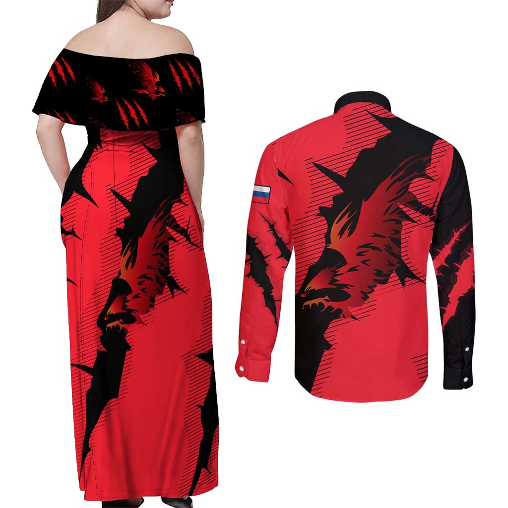 Slovakia Couples Matching Off Shoulder Maxi Dress and Long Sleeve Button Shirt with Red Black Falcon Claw No Mercy Spirit