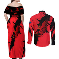 Slovakia Couples Matching Off Shoulder Maxi Dress and Long Sleeve Button Shirt with Red Black Falcon Claw No Mercy Spirit