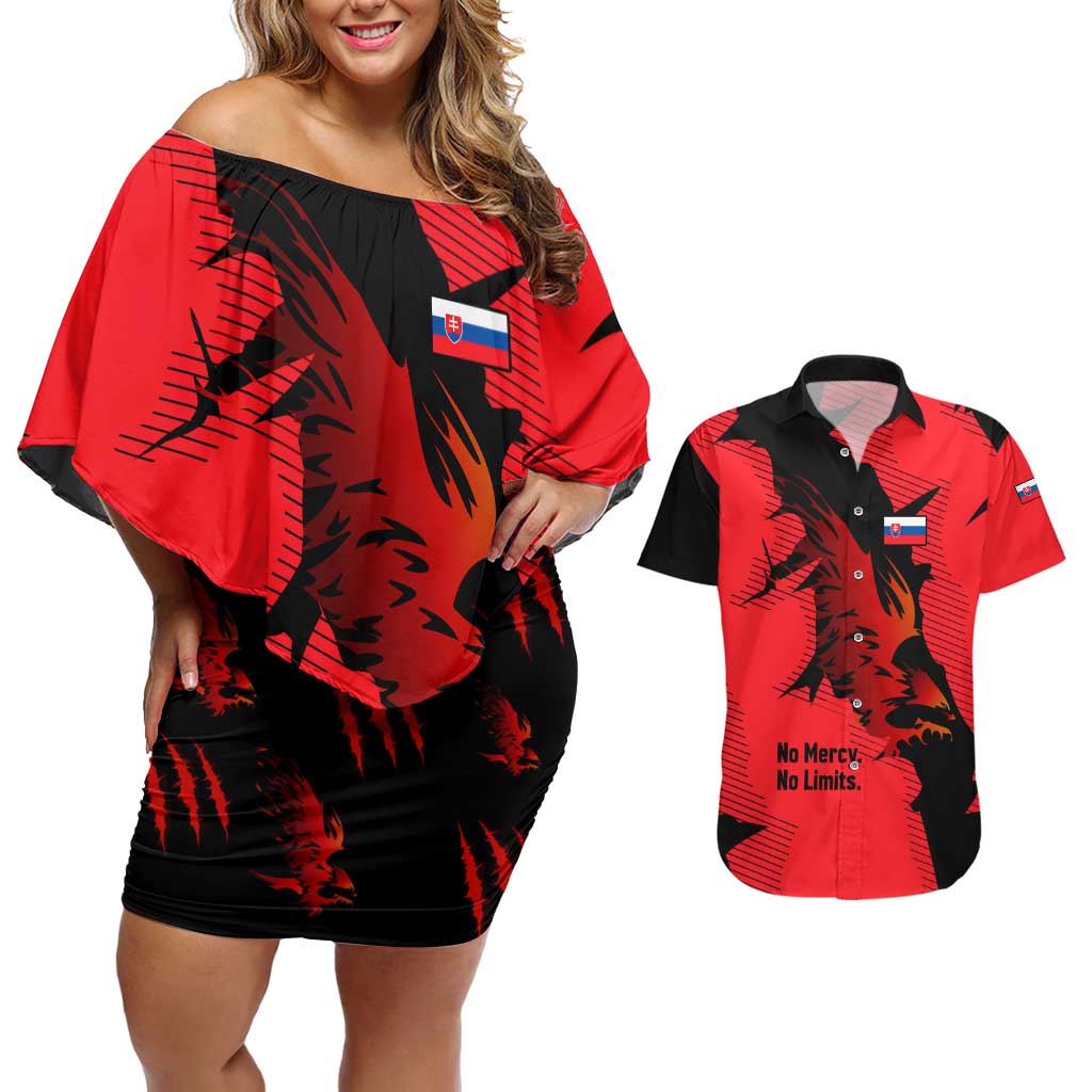 Slovakia Couples Matching Off Shoulder Short Dress and Hawaiian Shirt with Red Black Falcon Claw No Mercy Spirit