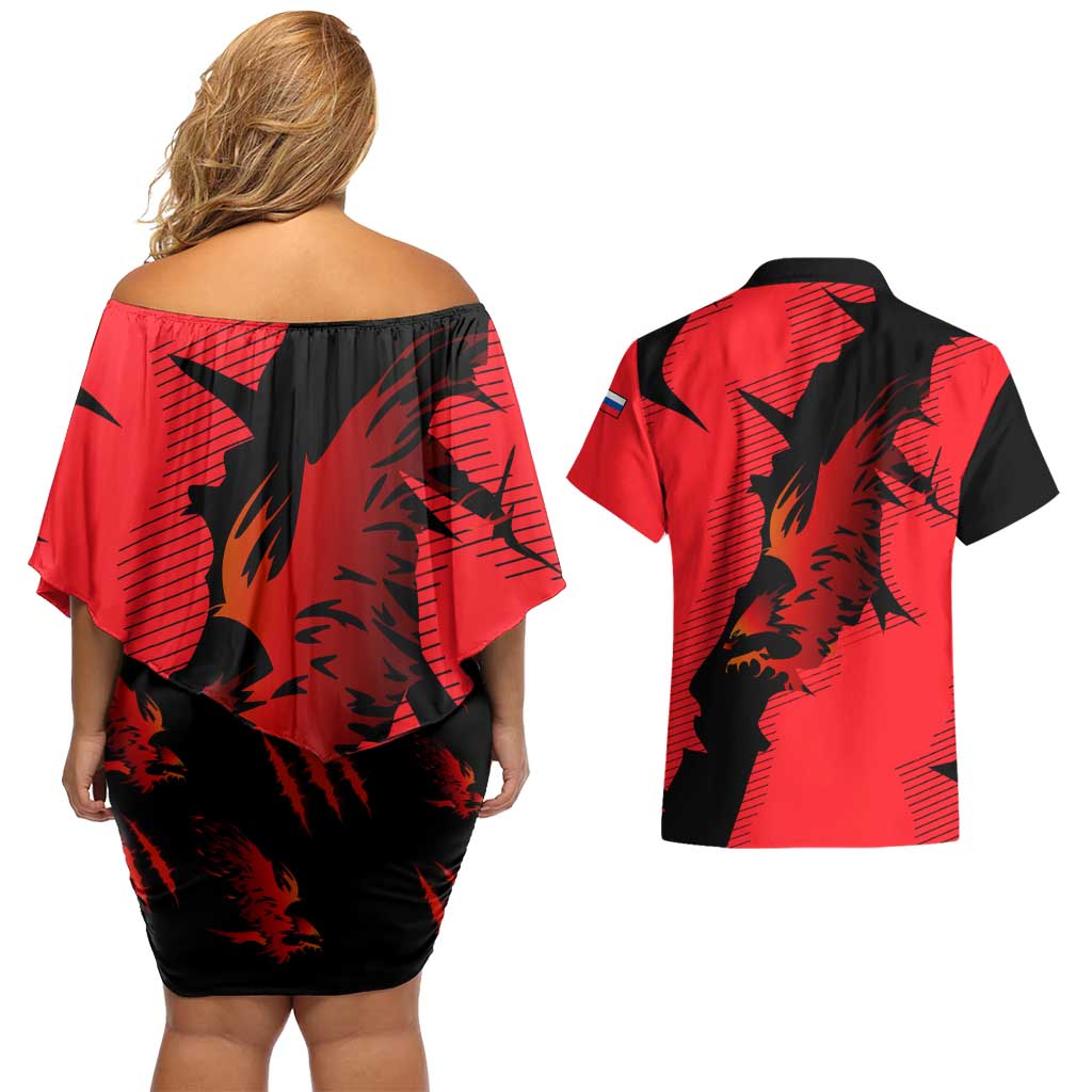 Slovakia Couples Matching Off Shoulder Short Dress and Hawaiian Shirt with Red Black Falcon Claw No Mercy Spirit