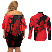 Slovakia Couples Matching Off Shoulder Short Dress and Long Sleeve Button Shirt with Red Black Falcon Claw No Mercy Spirit