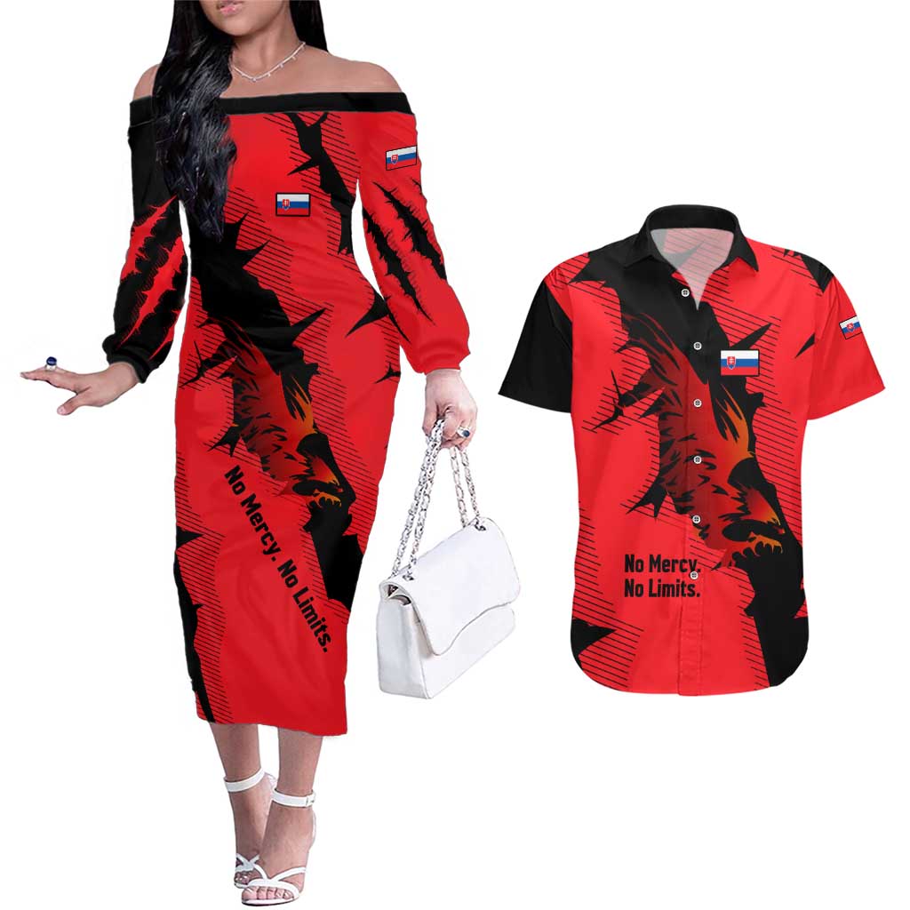 Slovakia Couples Matching Off The Shoulder Long Sleeve Dress and Hawaiian Shirt with Red Black Falcon Claw No Mercy Spirit