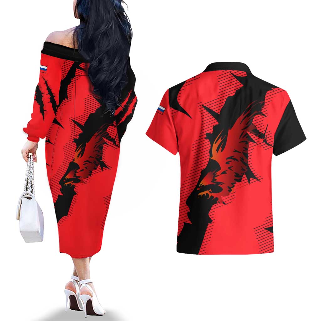 Slovakia Couples Matching Off The Shoulder Long Sleeve Dress and Hawaiian Shirt with Red Black Falcon Claw No Mercy Spirit