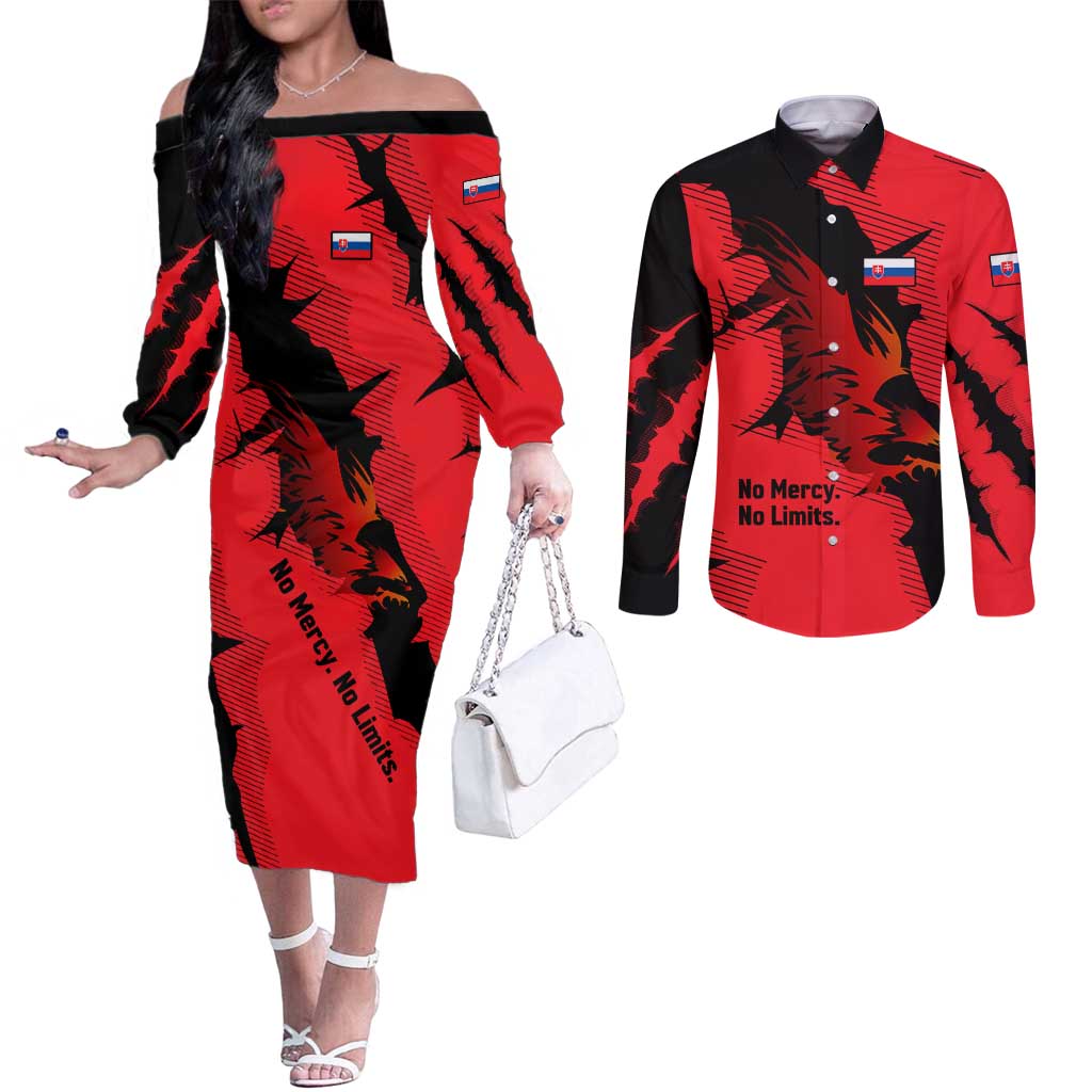 Slovakia Couples Matching Off The Shoulder Long Sleeve Dress and Long Sleeve Button Shirt with Red Black Falcon Claw No Mercy Spirit