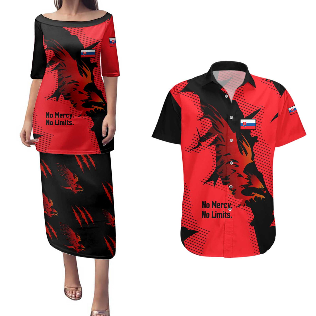 Slovakia Couples Matching Puletasi and Hawaiian Shirt with Red Black Falcon Claw No Mercy Spirit