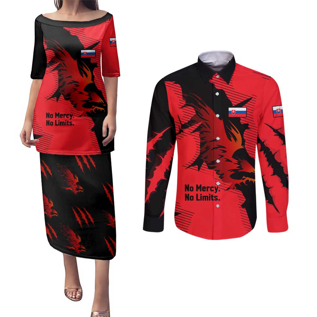 Slovakia Couples Matching Puletasi and Long Sleeve Button Shirt with Red Black Falcon Claw No Mercy Spirit