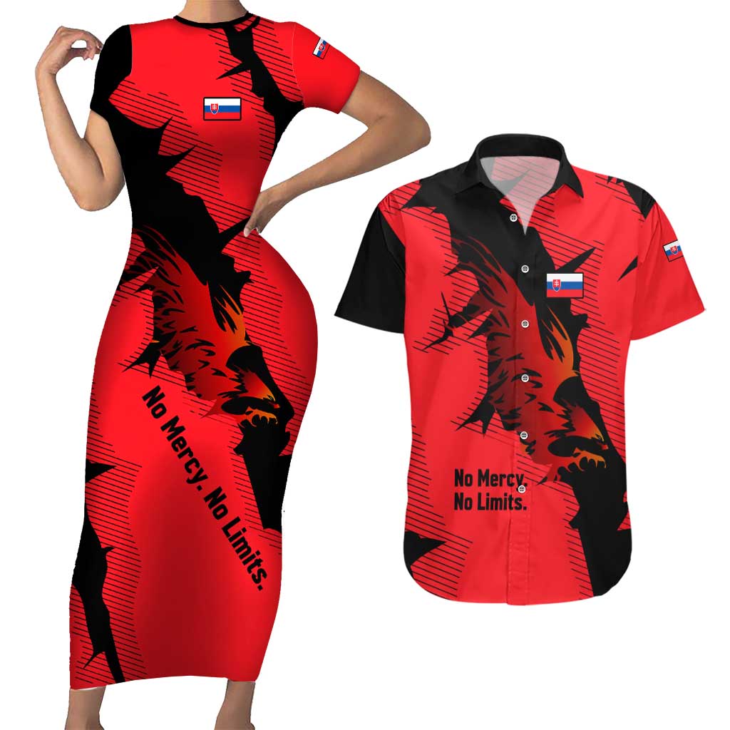 Slovakia Couples Matching Short Sleeve Bodycon Dress and Hawaiian Shirt with Red Black Falcon Claw No Mercy Spirit
