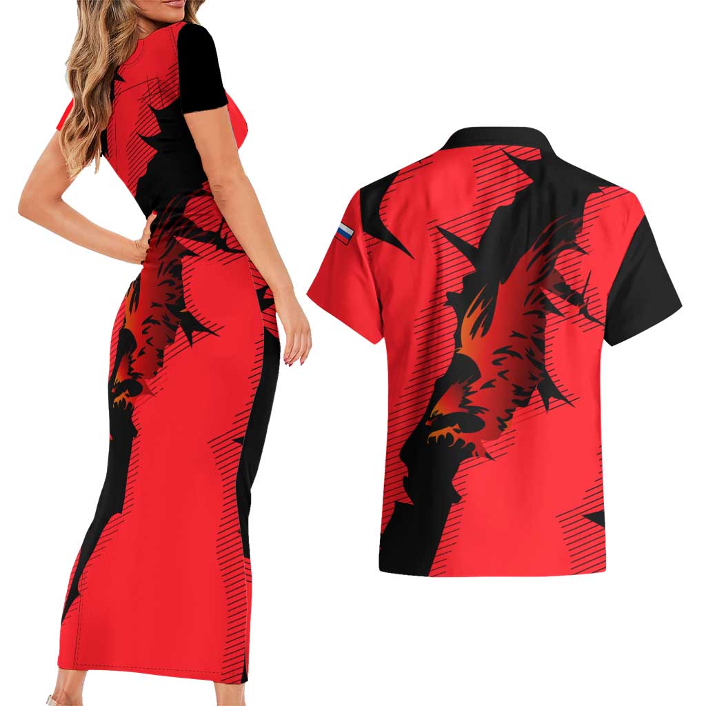 Slovakia Couples Matching Short Sleeve Bodycon Dress and Hawaiian Shirt with Red Black Falcon Claw No Mercy Spirit