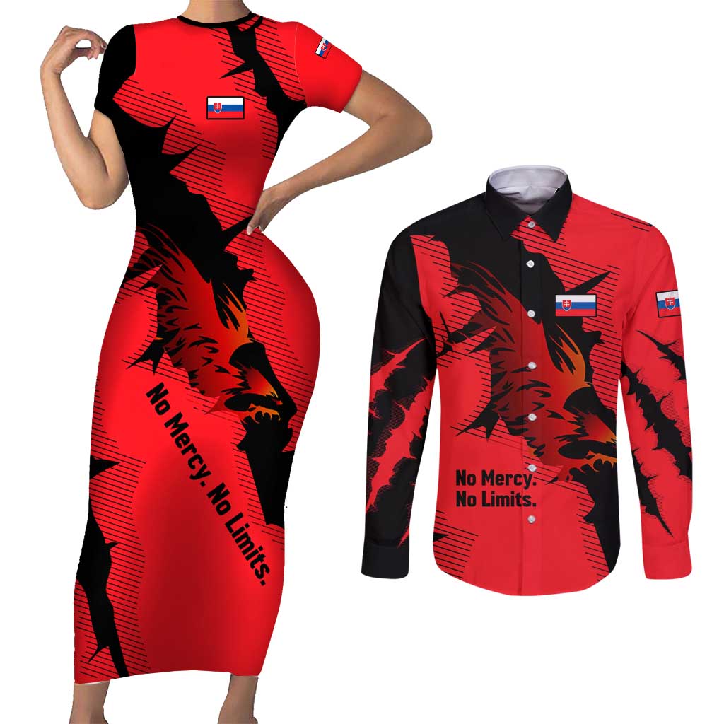 Slovakia Couples Matching Short Sleeve Bodycon Dress and Long Sleeve Button Shirt with Red Black Falcon Claw No Mercy Spirit