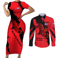 Slovakia Couples Matching Short Sleeve Bodycon Dress and Long Sleeve Button Shirt with Red Black Falcon Claw No Mercy Spirit