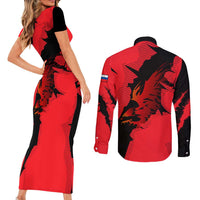 Slovakia Couples Matching Short Sleeve Bodycon Dress and Long Sleeve Button Shirt with Red Black Falcon Claw No Mercy Spirit