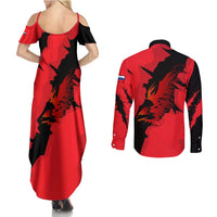 Slovakia Couples Matching Summer Maxi Dress and Long Sleeve Button Shirt with Red Black Falcon Claw No Mercy Spirit