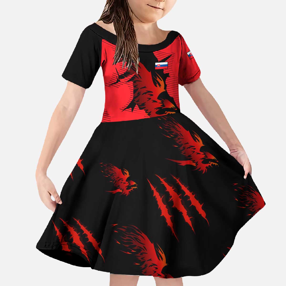 Slovakia Family Matching Off The Shoulder Long Sleeve Dress and Hawaiian Shirt with Red Black Falcon Claw No Mercy Spirit