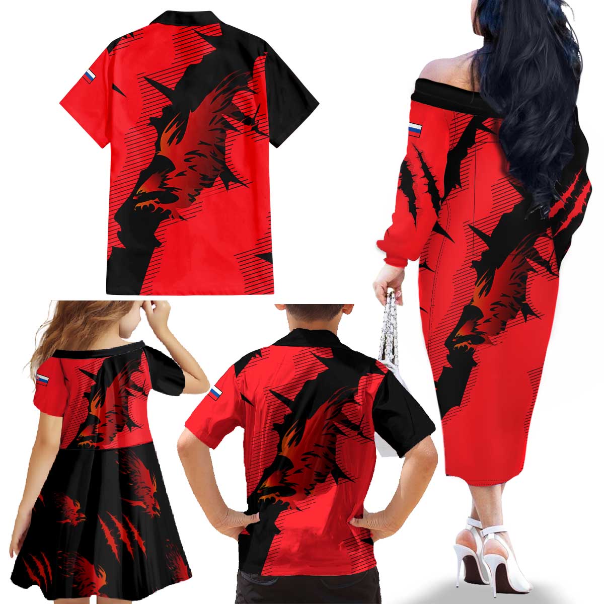 Slovakia Family Matching Off The Shoulder Long Sleeve Dress and Hawaiian Shirt with Red Black Falcon Claw No Mercy Spirit