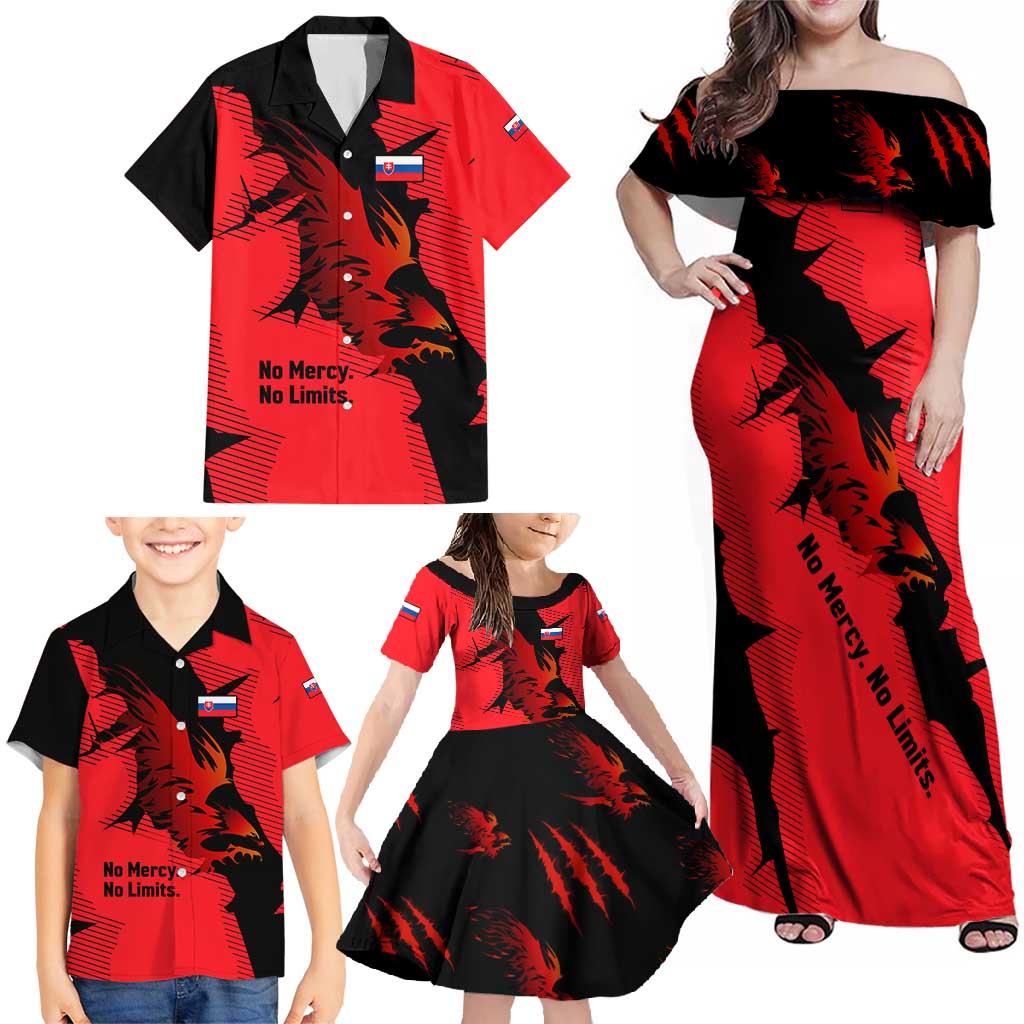 Slovakia Family Matching Off Shoulder Maxi Dress and Hawaiian Shirt with Red Black Falcon Claw No Mercy Spirit