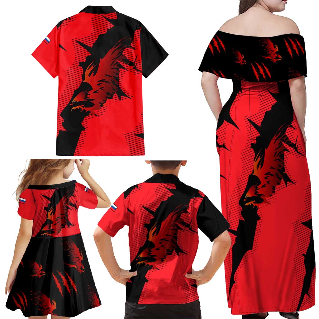 Slovakia Family Matching Off Shoulder Maxi Dress and Hawaiian Shirt with Red Black Falcon Claw No Mercy Spirit