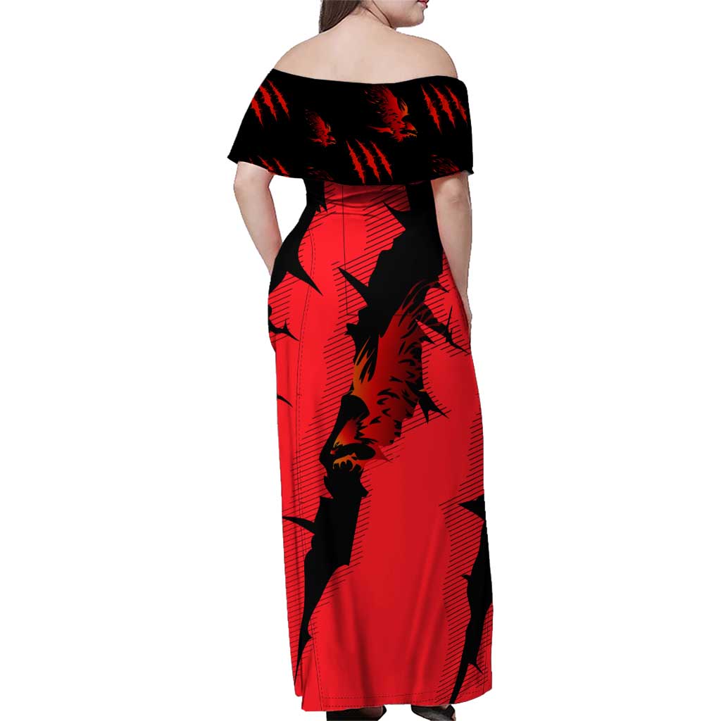 Slovakia Family Matching Off Shoulder Maxi Dress and Hawaiian Shirt with Red Black Falcon Claw No Mercy Spirit