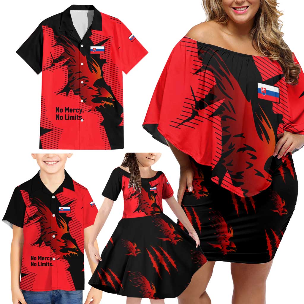 Slovakia Family Matching Off Shoulder Short Dress and Hawaiian Shirt with Red Black Falcon Claw No Mercy Spirit