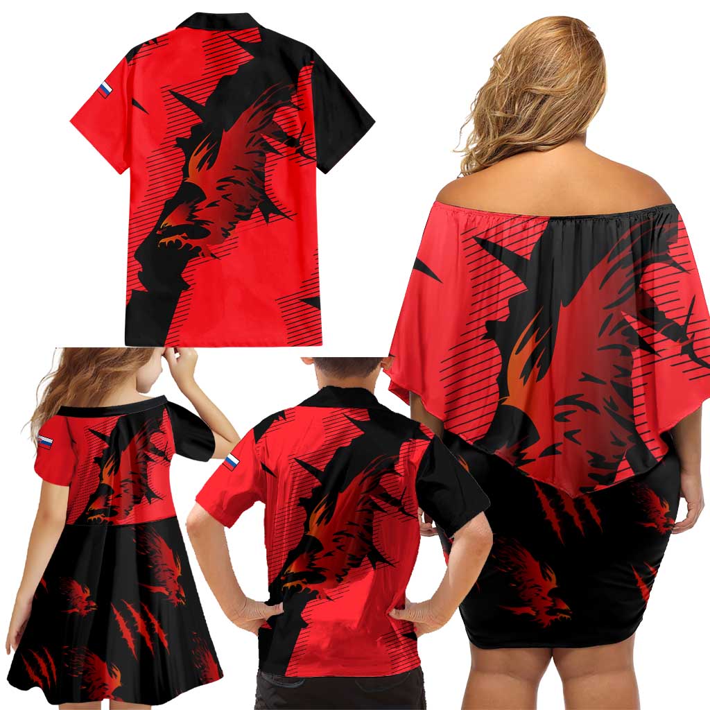 Slovakia Family Matching Off Shoulder Short Dress and Hawaiian Shirt with Red Black Falcon Claw No Mercy Spirit