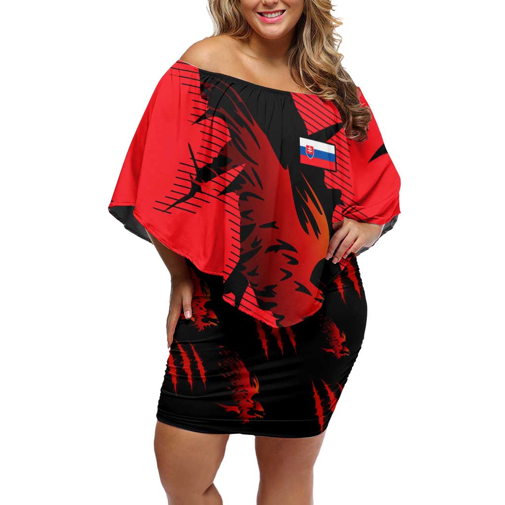 Slovakia Family Matching Off Shoulder Short Dress and Hawaiian Shirt with Red Black Falcon Claw No Mercy Spirit