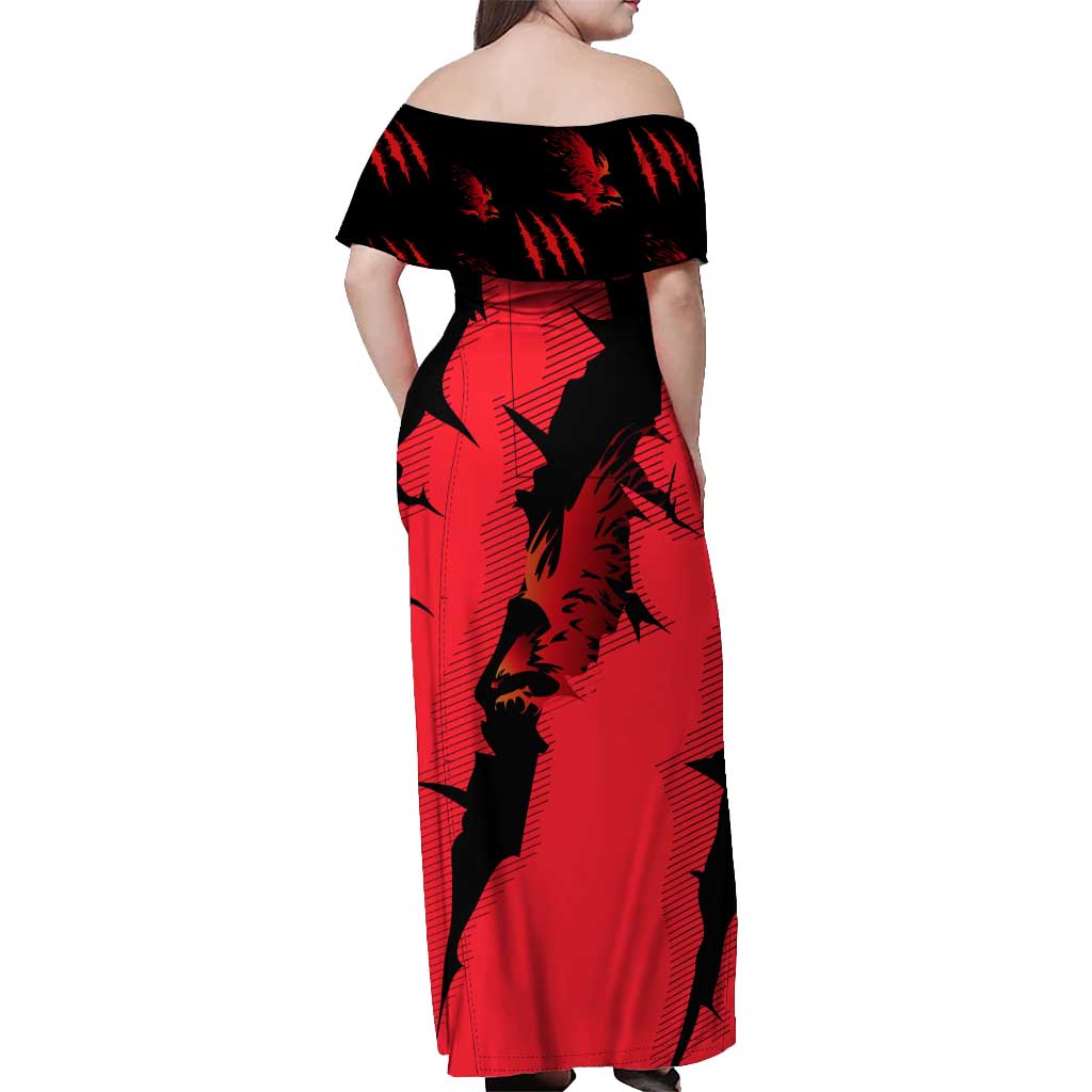 Slovakia Off Shoulder Maxi Dress with Red Black Falcon Claw No Mercy Spirit