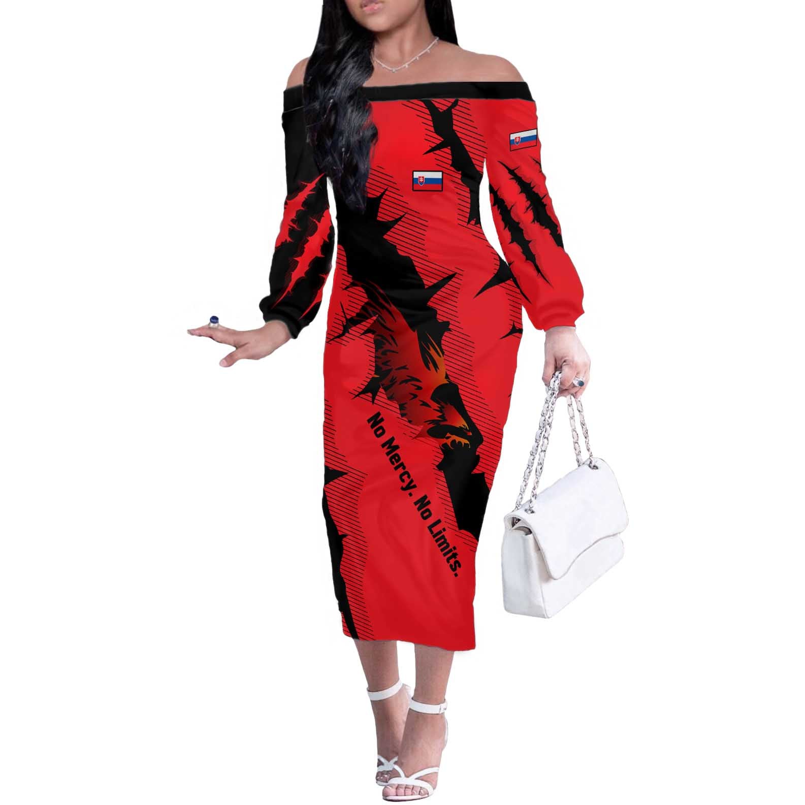 Slovakia Off The Shoulder Long Sleeve Dress with Red Black Falcon Claw No Mercy Spirit