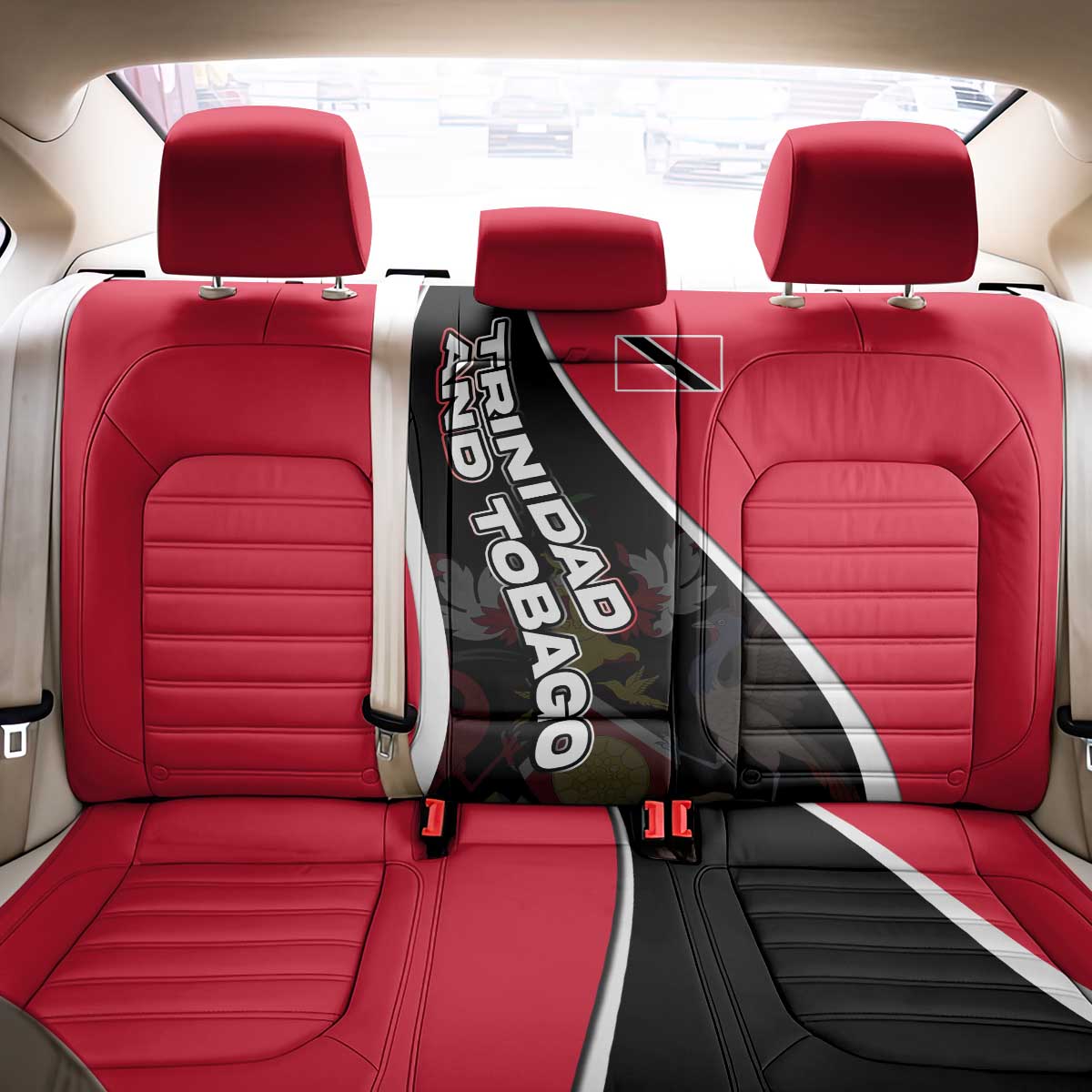 Trinidad and Tobago Flag Crest Design Back Car Seat Cover with Bold Red Black Diagonal Layout - Wonder Print Shop