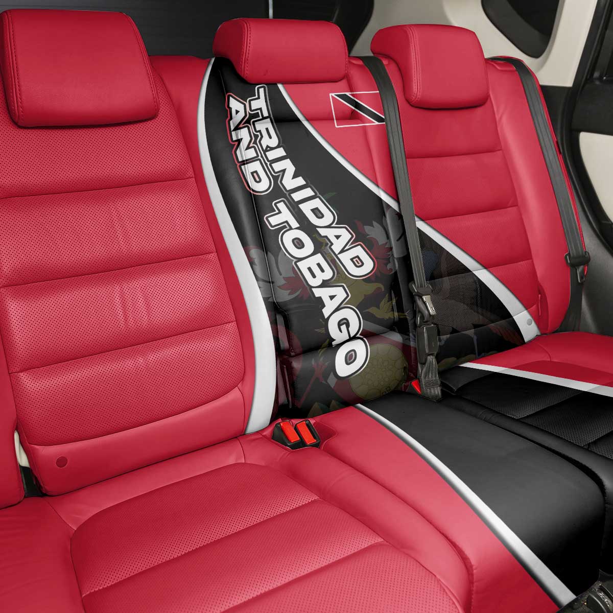 Trinidad and Tobago Flag Crest Design Back Car Seat Cover with Bold Red Black Diagonal Layout - Wonder Print Shop
