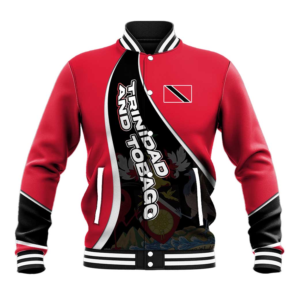 Trinidad and Tobago Flag Crest Design Baseball Jacket with Bold Red Black Diagonal Layout - Wonder Print Shop