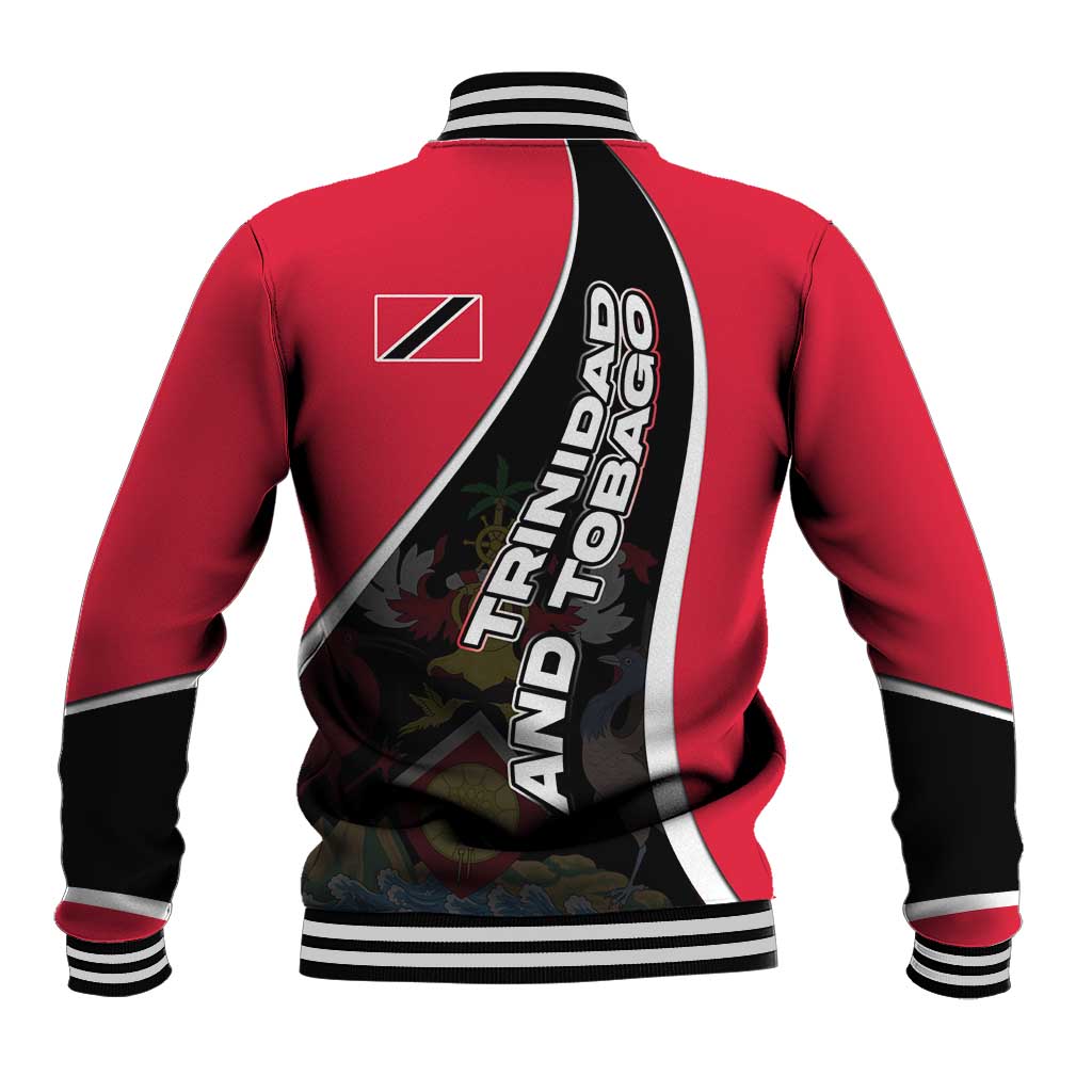 Trinidad and Tobago Flag Crest Design Baseball Jacket with Bold Red Black Diagonal Layout - Wonder Print Shop