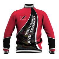 Trinidad and Tobago Flag Crest Design Baseball Jacket with Bold Red Black Diagonal Layout - Wonder Print Shop