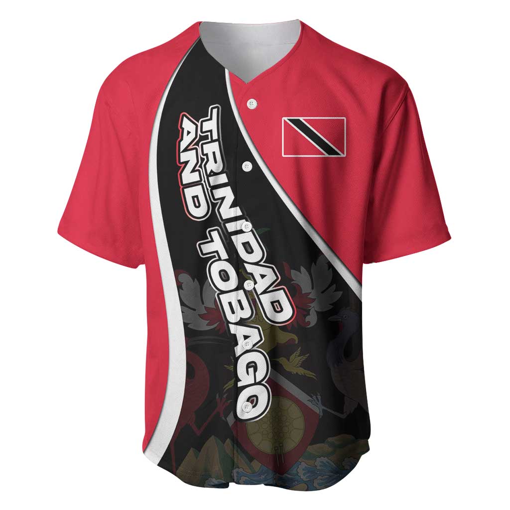Trinidad and Tobago Flag Crest Design Baseball Jersey with Bold Red Black Diagonal Layout - Wonder Print Shop