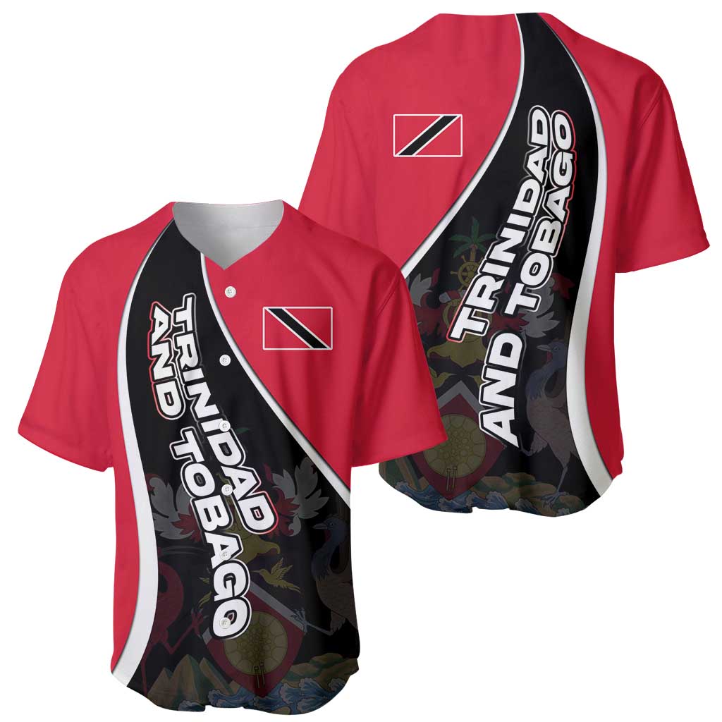 Trinidad and Tobago Flag Crest Design Baseball Jersey with Bold Red Black Diagonal Layout - Wonder Print Shop