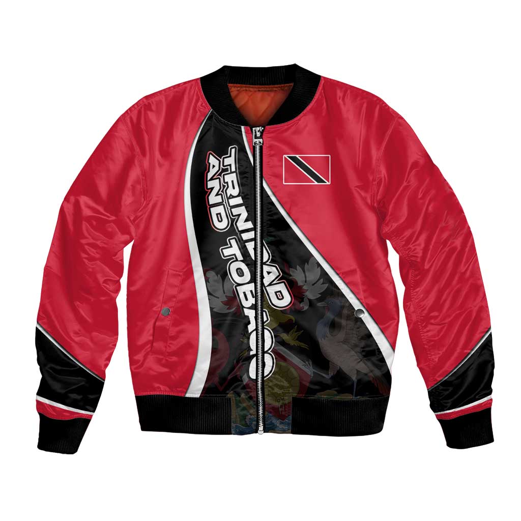 Trinidad and Tobago Flag Crest Design Bomber Jacket with Bold Red Black Diagonal Layout - Wonder Print Shop