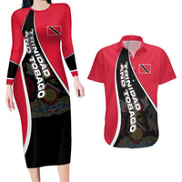 Trinidad and Tobago Flag Crest Design Couples Matching Long Sleeve Bodycon Dress and Hawaiian Shirt with Bold Red Black Diagonal Layout - Wonder Print Shop