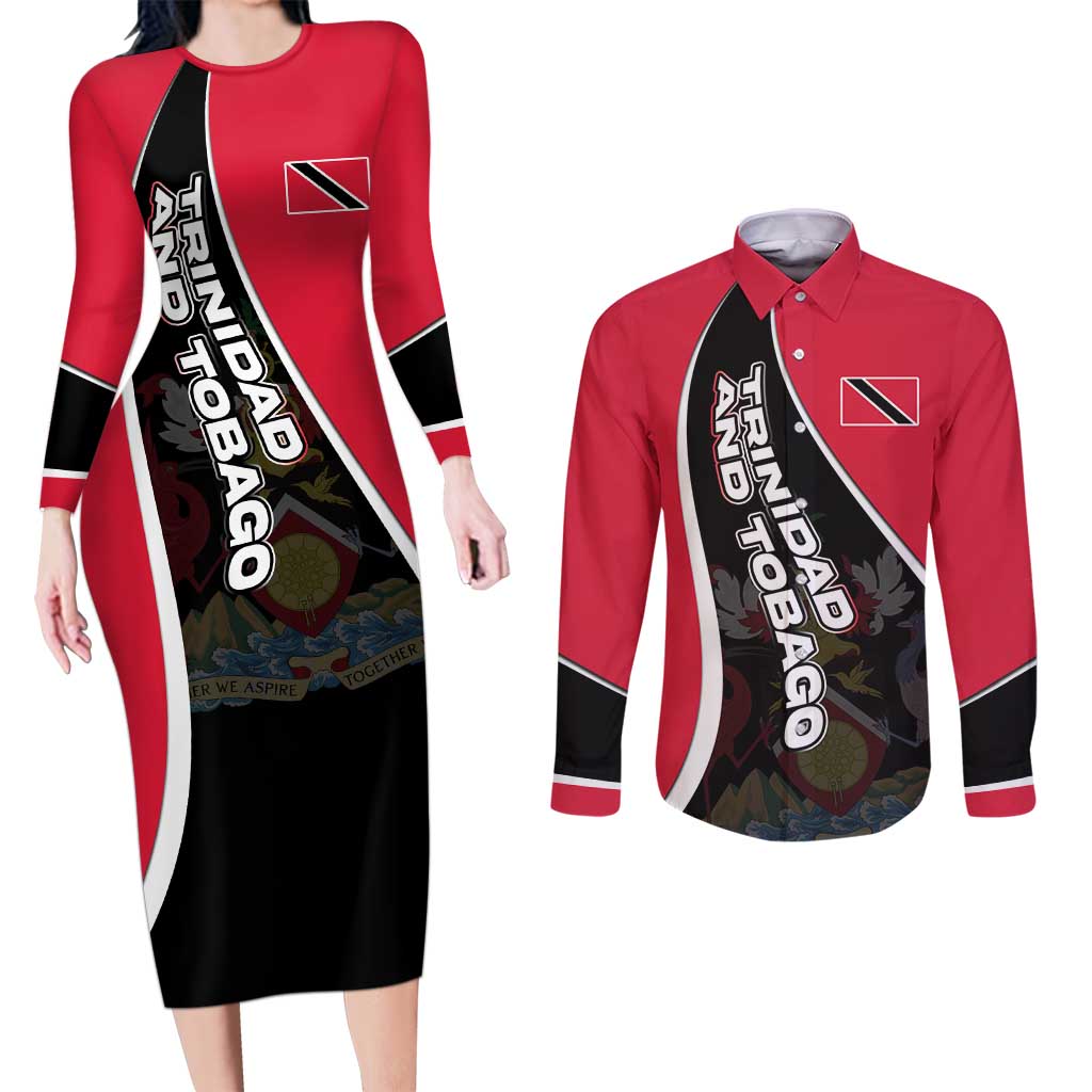 Trinidad and Tobago Flag Crest Design Couples Matching Long Sleeve Bodycon Dress and Long Sleeve Button Shirt with Bold Red Black Diagonal Layout - Wonder Print Shop