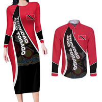 Trinidad and Tobago Flag Crest Design Couples Matching Long Sleeve Bodycon Dress and Long Sleeve Button Shirt with Bold Red Black Diagonal Layout - Wonder Print Shop
